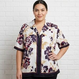 Contemporaine Floral Button Up Shirt Womens XL White Purple Silky Office Work